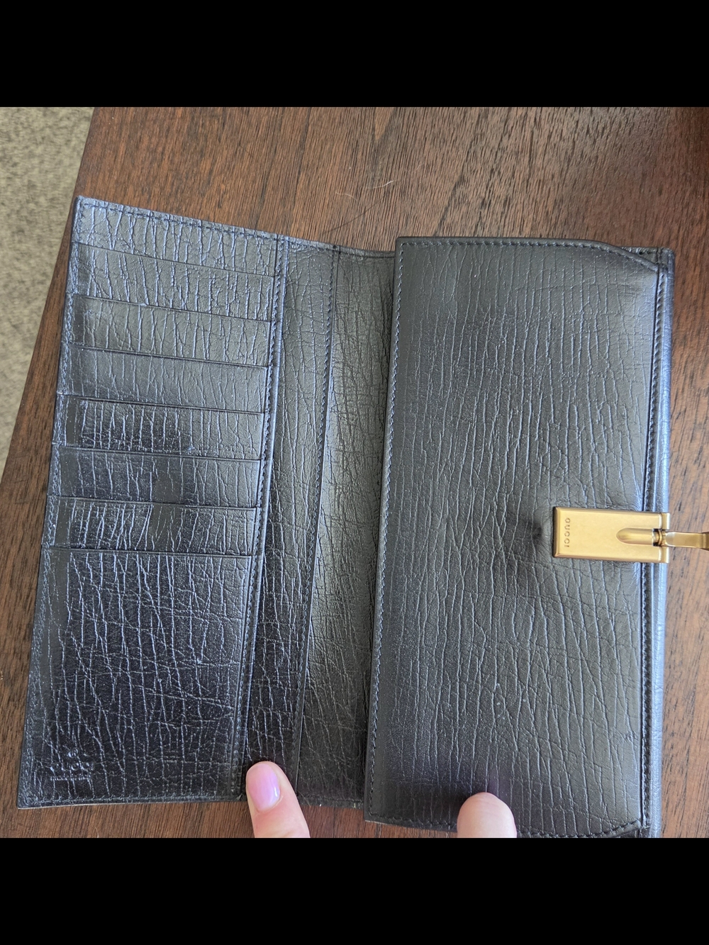 Gucci Black Leather Long Wallet with Gold-Tone Clasp